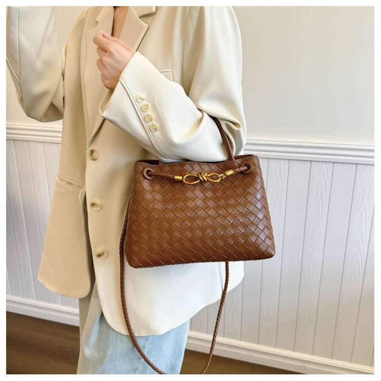 Women's Solid Color Plaid Texture Large Capacity Daily Travel Handbag Shoulder Bag