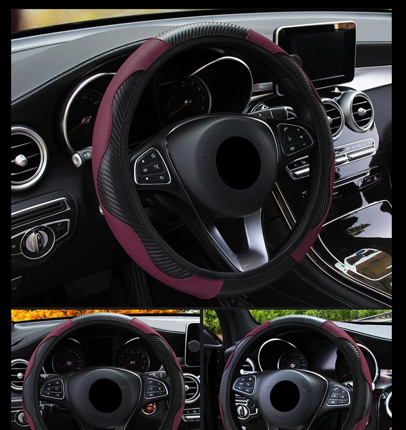 Car accessories Carbon Fiber PU Leather Steering Wheel Cover for Hyundai I10 Peugeot 2008 Dacia Sandero Stepway