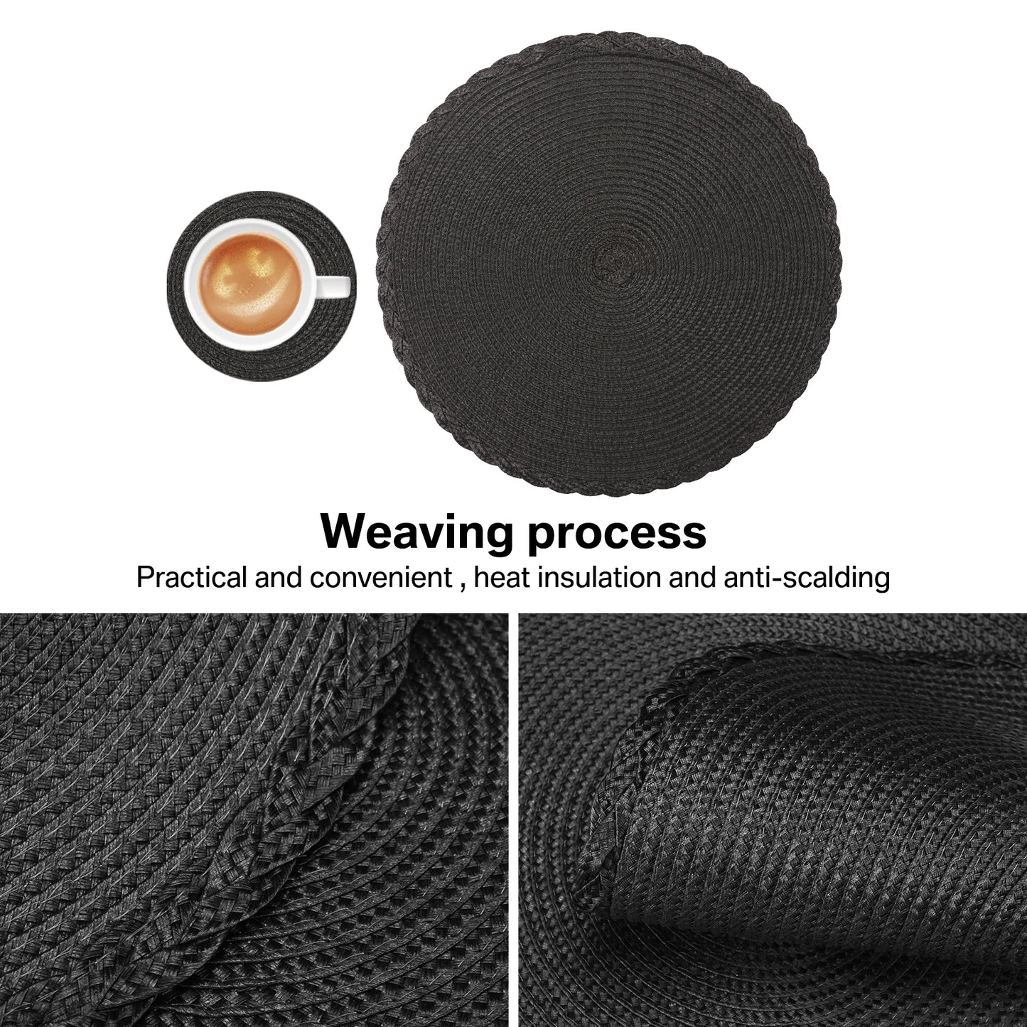Set of 12 Round Braided Table Mat Washable Placemats Non Slip Heat Resistant for Kitchen Dining Tables Pad With Cup Coasters