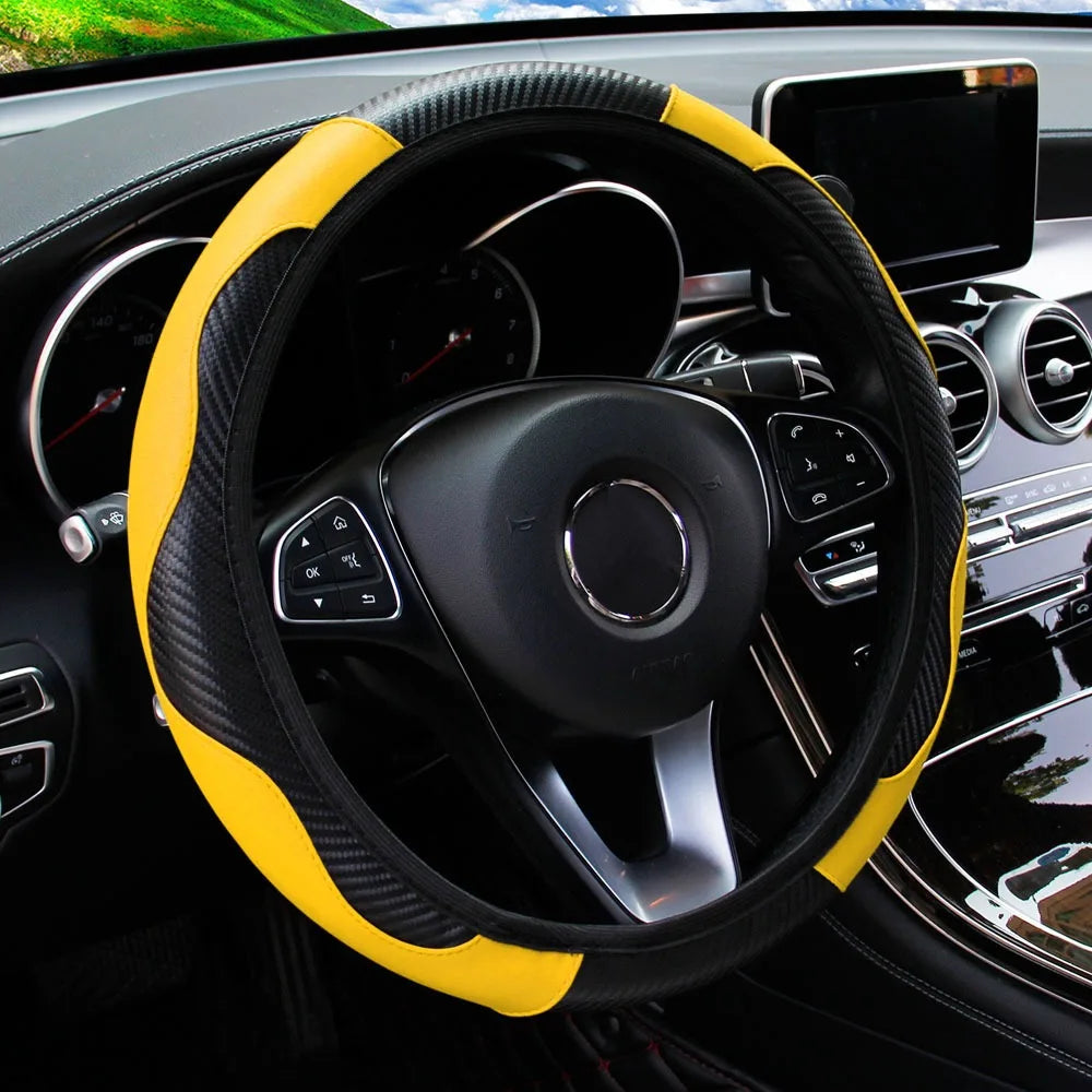 PU Carbon Fiber Leather Car Steering Wheel Cover Without Inner Ring Universal Suitable for 14.5-15 Inches of Automotive Supplies