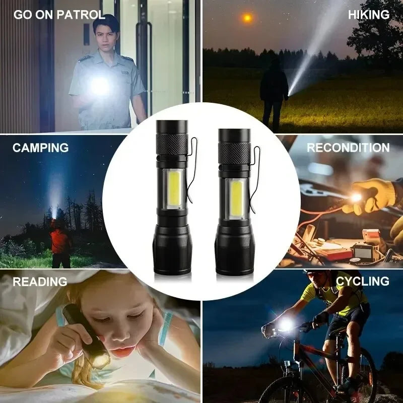 LED Flashlight Rechargeable USB Torch Pocket Flash Light COB Side Searchlight High Lumens Zoom Emergency Light with Pen Clip