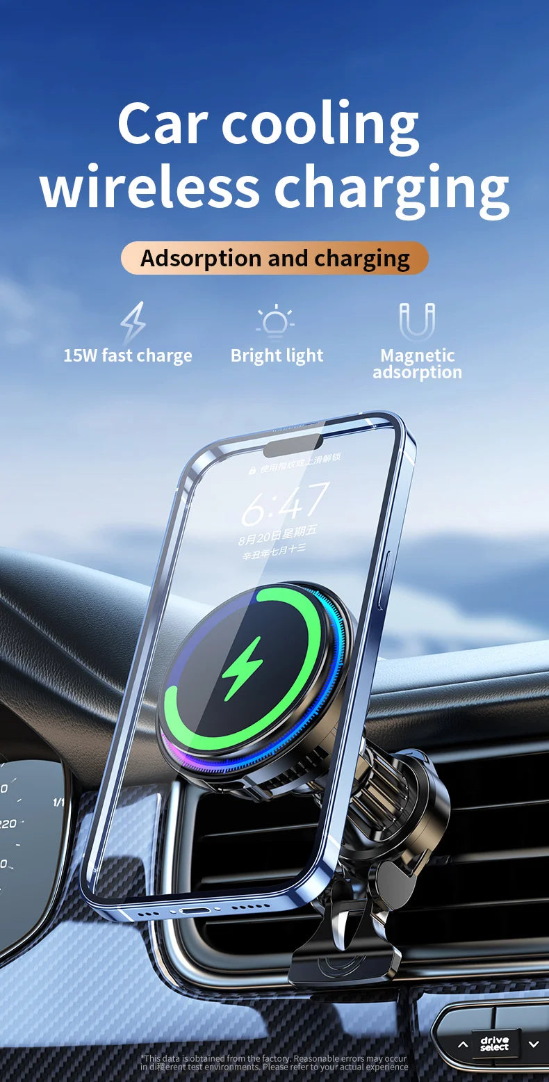 Ice Cooling RGB Magnetic Wireless Car Charger Fast Charging Station For Magsafe iPhone 16 15 14 13 12 Pro Max Phone Holder Stand