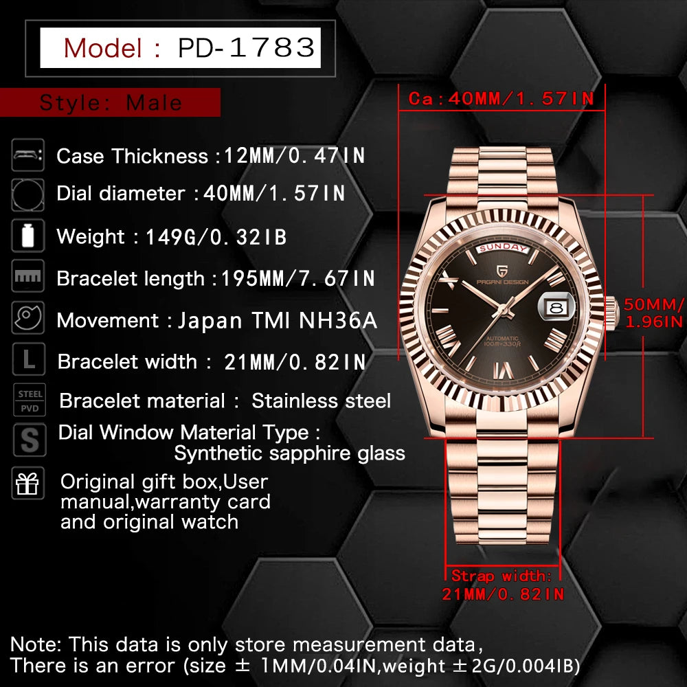 2025 New PAGANI DESIGN DD40 Luxury Rose Gold Automatic Watch For Men Mechanical Watches AR Sapphire Glass Date Wrist watch Men