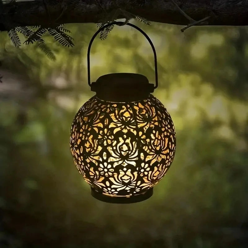 Outdoor Garden Landscape Decoration Solar Lights LED Metal Waterproof round Lantern Lights Hanging Hollow Projection Lights