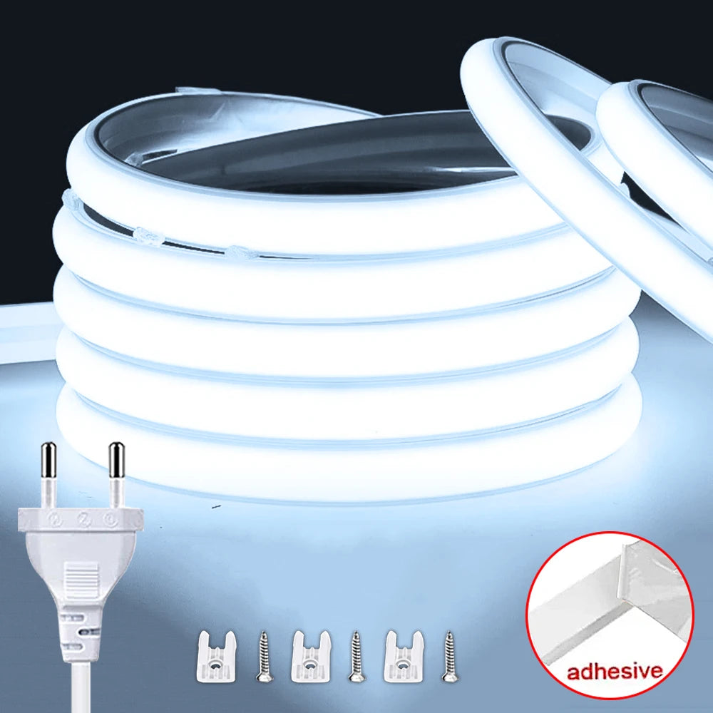 High Brightness LED Strip Light 220V Waterproof Cob LED Strip EU Power Plug Flexible Ribbon Tape for Home Room Outdoor Decor
