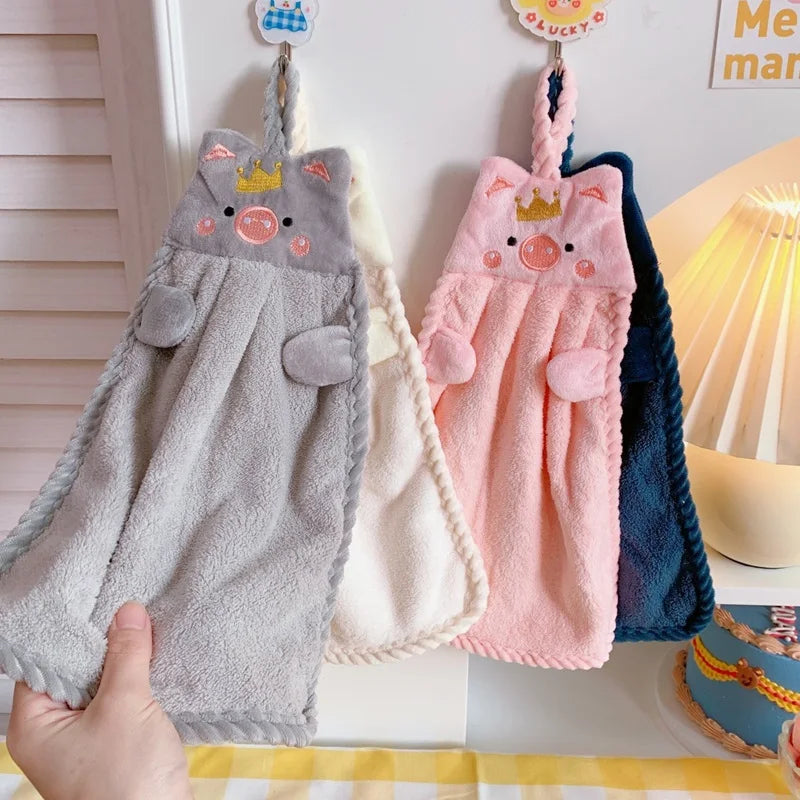 Soft Coral Velvet Hanging Towel with Adorable Piggy Embroidery for Bathroom Kitchen Dishwashing Handkerchief Cloth