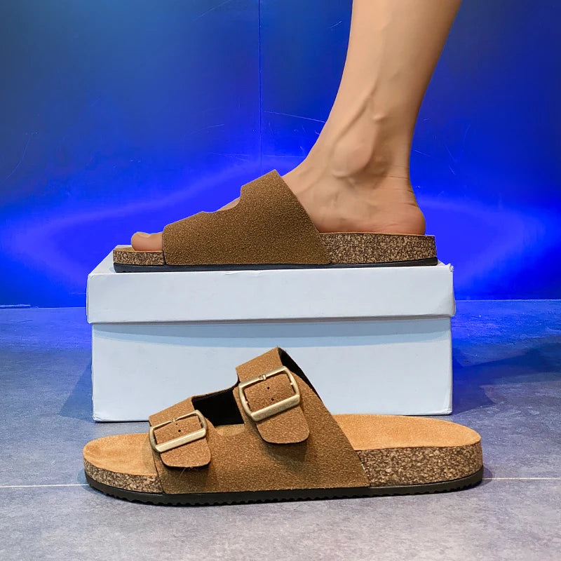 【Retro double button + cork foot feeling】Couple casual slippers for summer wear, anti-slip comfortable sandals