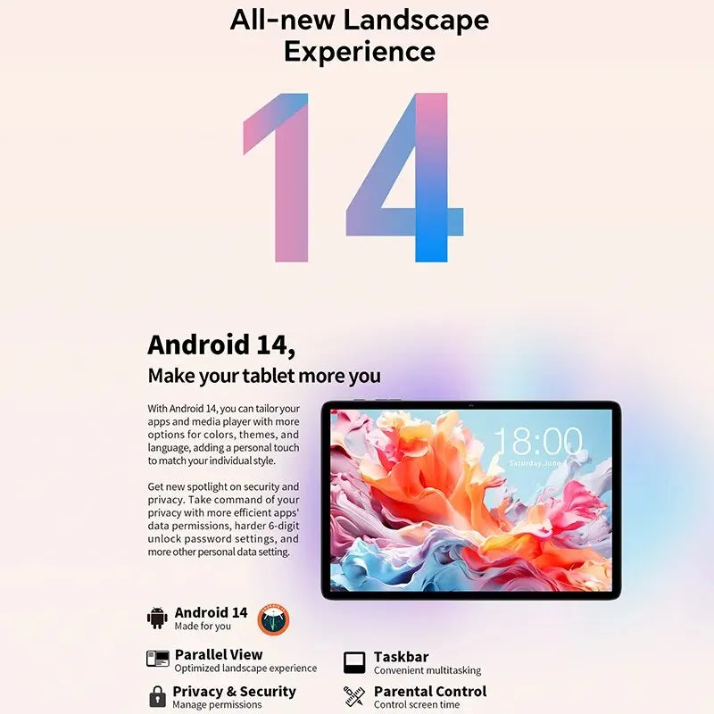 Teclast P30T Android 14 Tablet 10.1" Incell Fully Laminated A523 8-core 4GB+6GB RAM 128GB ROM Wi-Fi 6 Type-C 6000mAh 3.5mm Jack