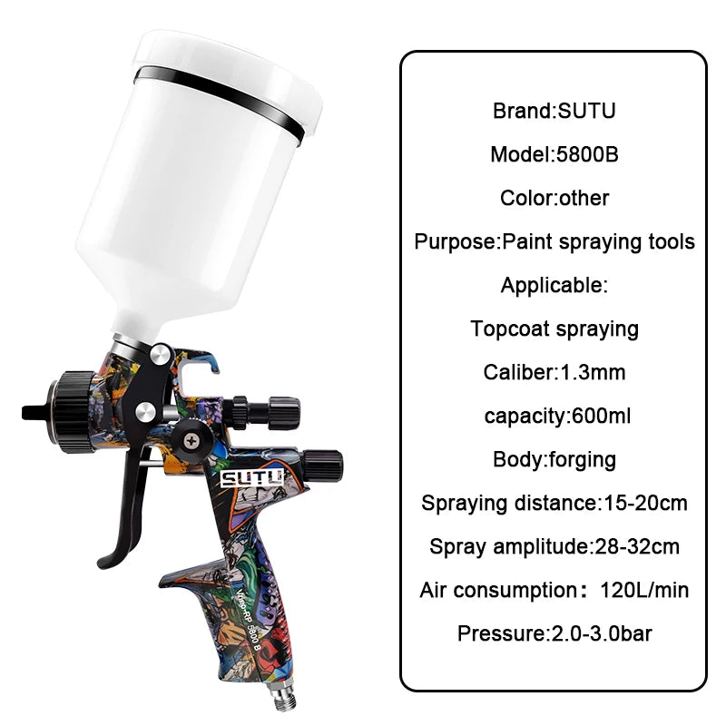SUTU 5800 Pneumatic Spray Gun, 1.3/1.7mm Set, 600ml Pot, for Car & Furniture Painting, Uniform Atomization