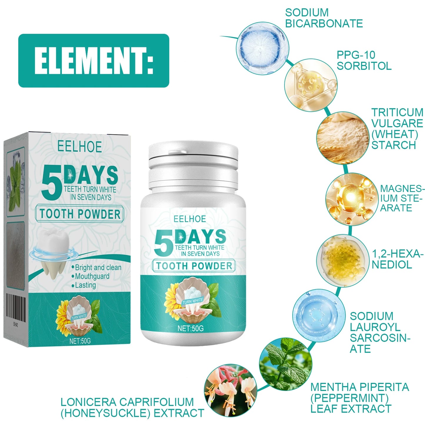 EELHOE Teeth Whitening Powder 5 Days Tooth Cleaning Oral Hygiene Care Plaque Stains Tartar Removal Stains Natural Cleaning Tool