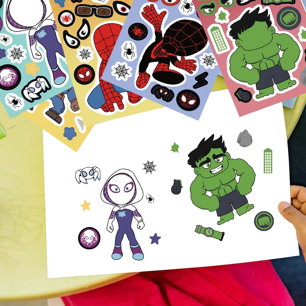 8/16Sheets Disney Marvel Spiderman Iron Man Stickers Make a Face Game Sticker Kids DIY Notebook Children Assemble Jigsaw Toys
