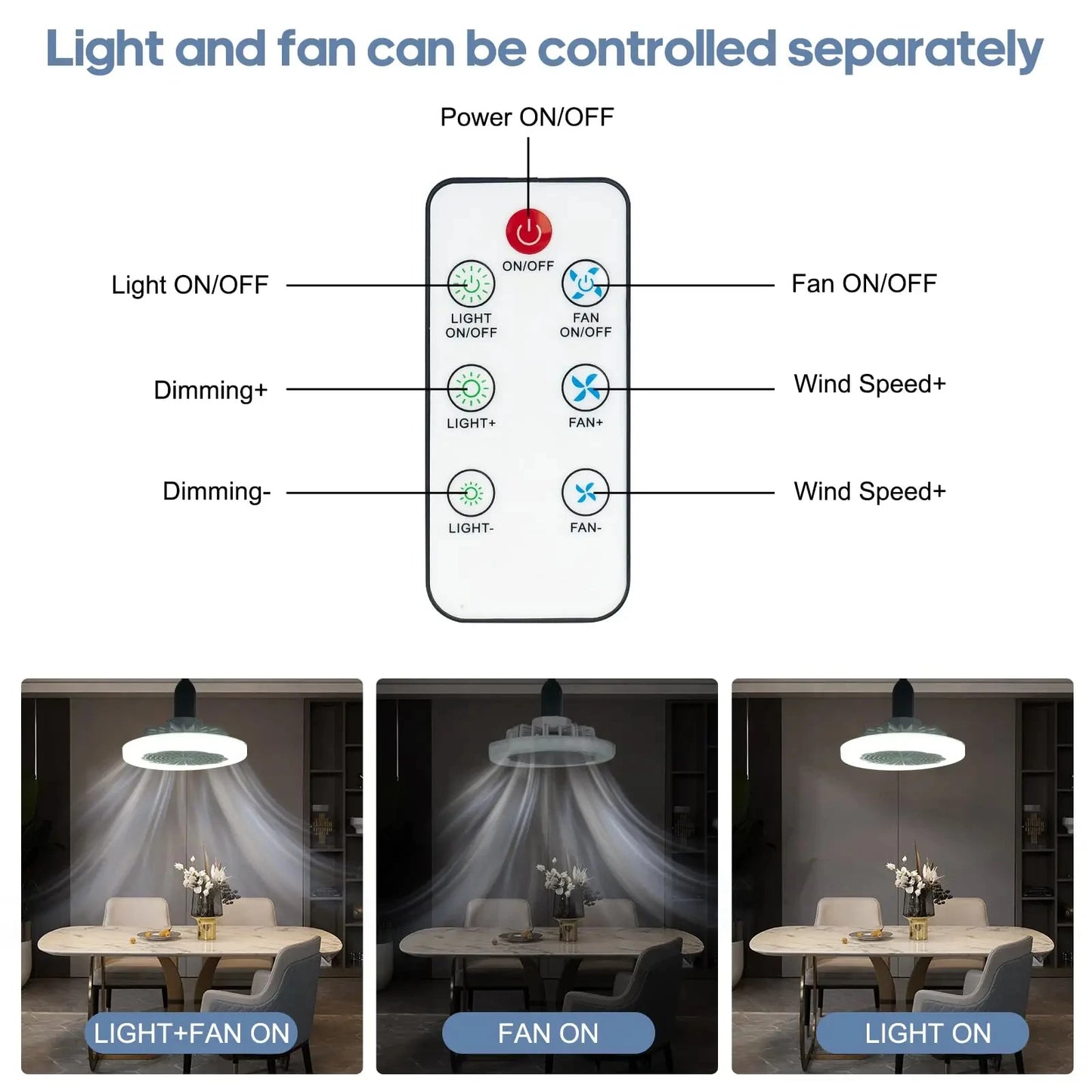 E27 Ceiling Fan with Remote Control and 3-speed AC85-265V Lighting Converter Base for Bedroom and Living Room Lighting