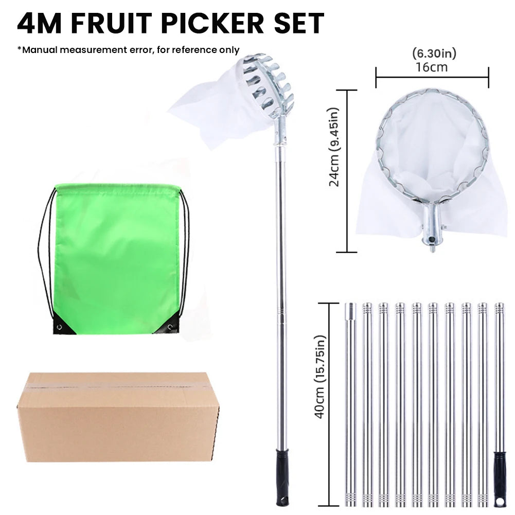 Fruit Picker Pole Tool with Basket Telescoping Long Handle 1.6 to 4M Fruit Catcher For Apple Orange Avocado Acorn Lemon Pear