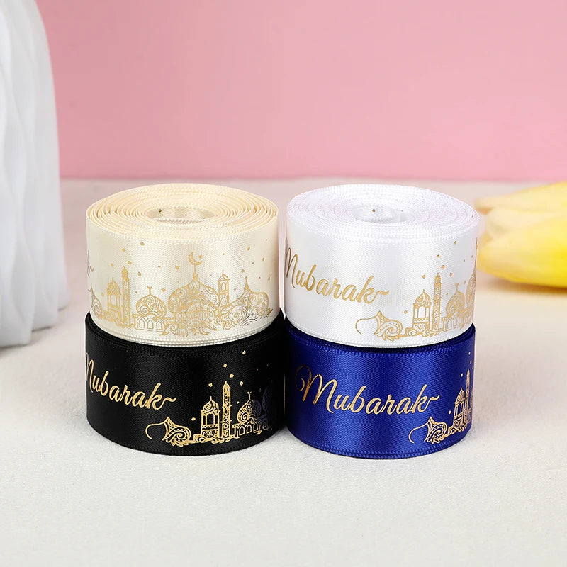2.5cm 5Yards Eid Mubarak Ribbon Gift Box Wrapping Decoration DIY Bow 2025 Islamic Muslim Festival Party Supplies Ramadan Kareem