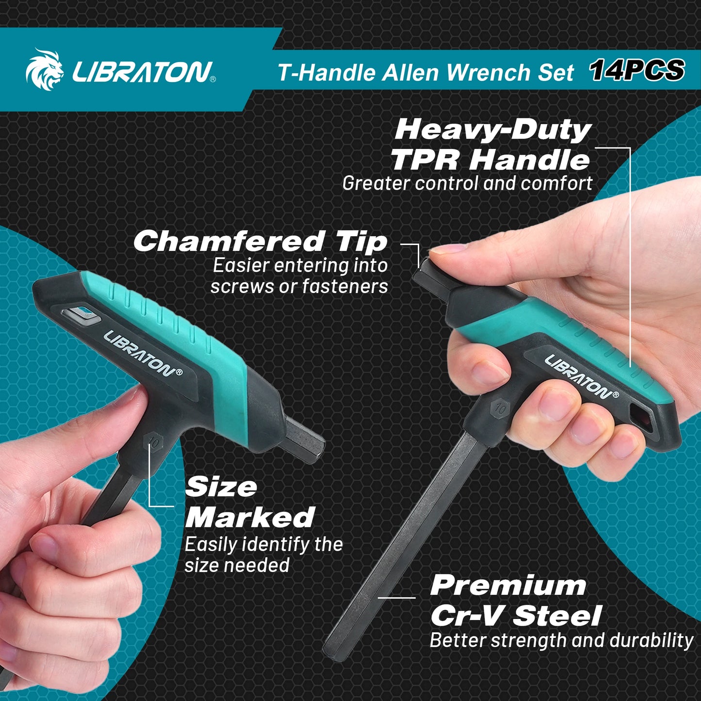 LIBRATON 14PCS Metric & SAE T Handle Hex Key,T-handle Allen Wrench Set, Auto Bike Repair Tool, with Storage Rack,Two-Tip Design