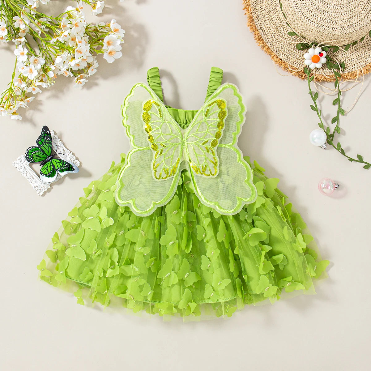 Summer New Baby Girl Suspender Dress Solid Color Butterfly Wing Gauze Dress Children's Birthday Party Dress