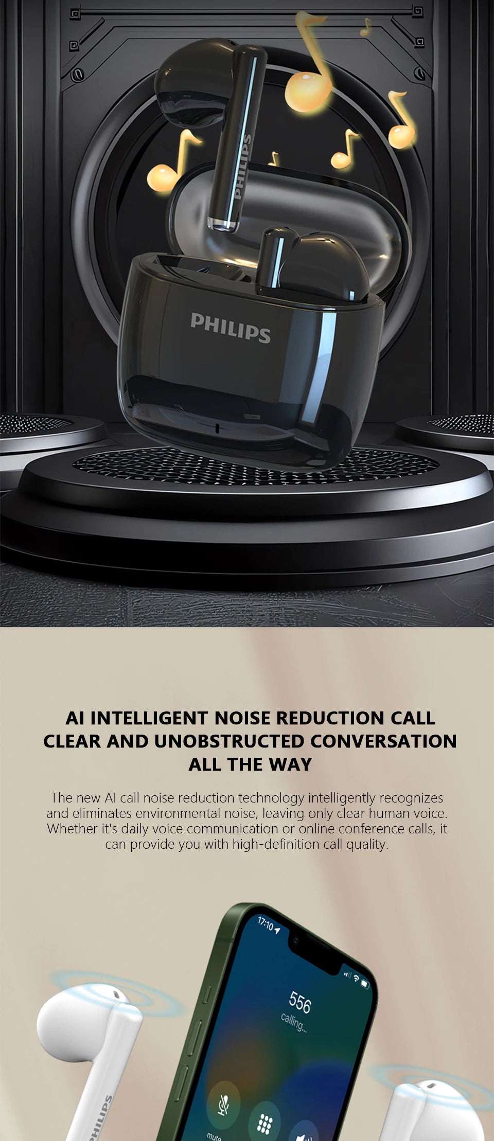 PHILIPS TAT2420 Semi-in-ear Wireless Bluetooth Earphones HIFI Sound Quality Call Noise Reduction Mini Portable Music Headset