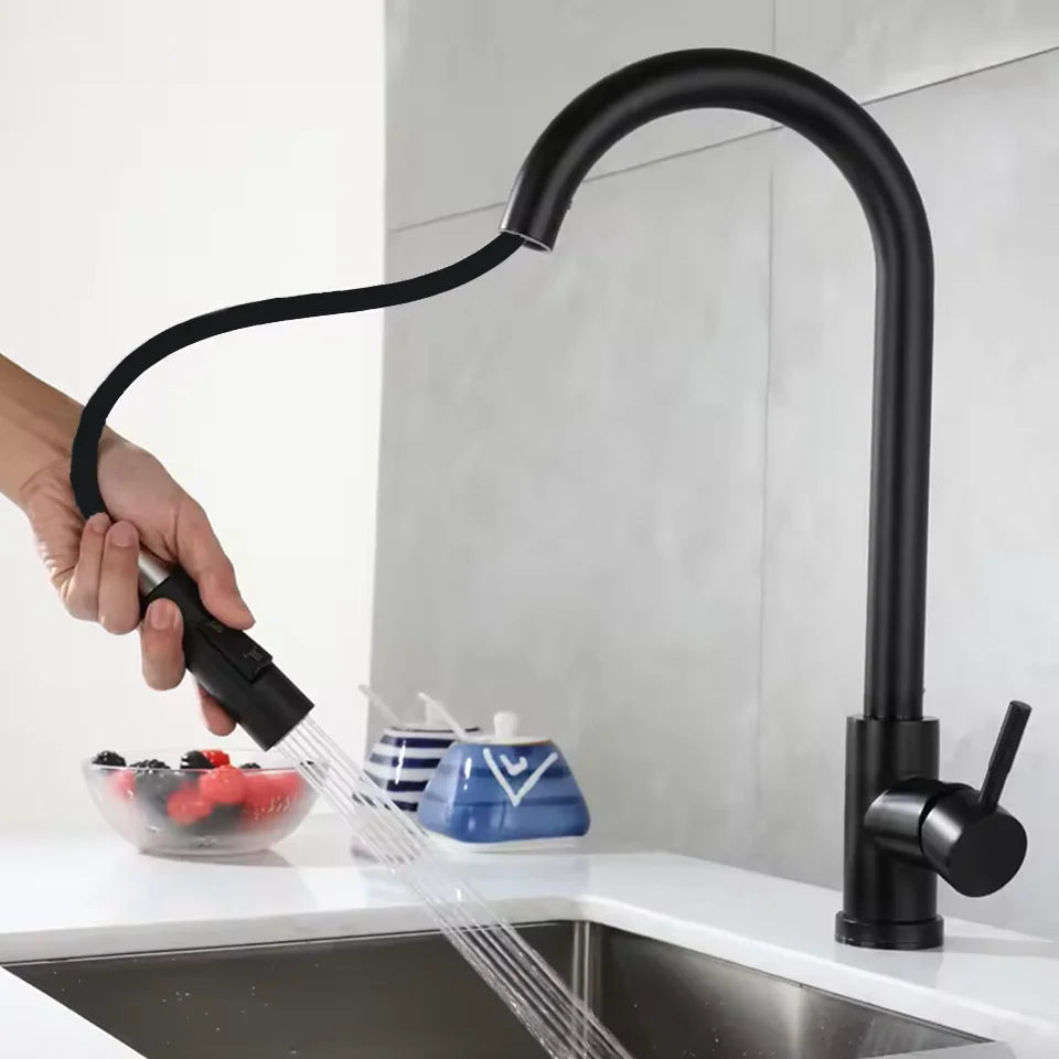 A Kitchen Stainless Steel Pull-out Cold and Hot Water Mixing Faucet with a 3-function Pull-out Nozzle