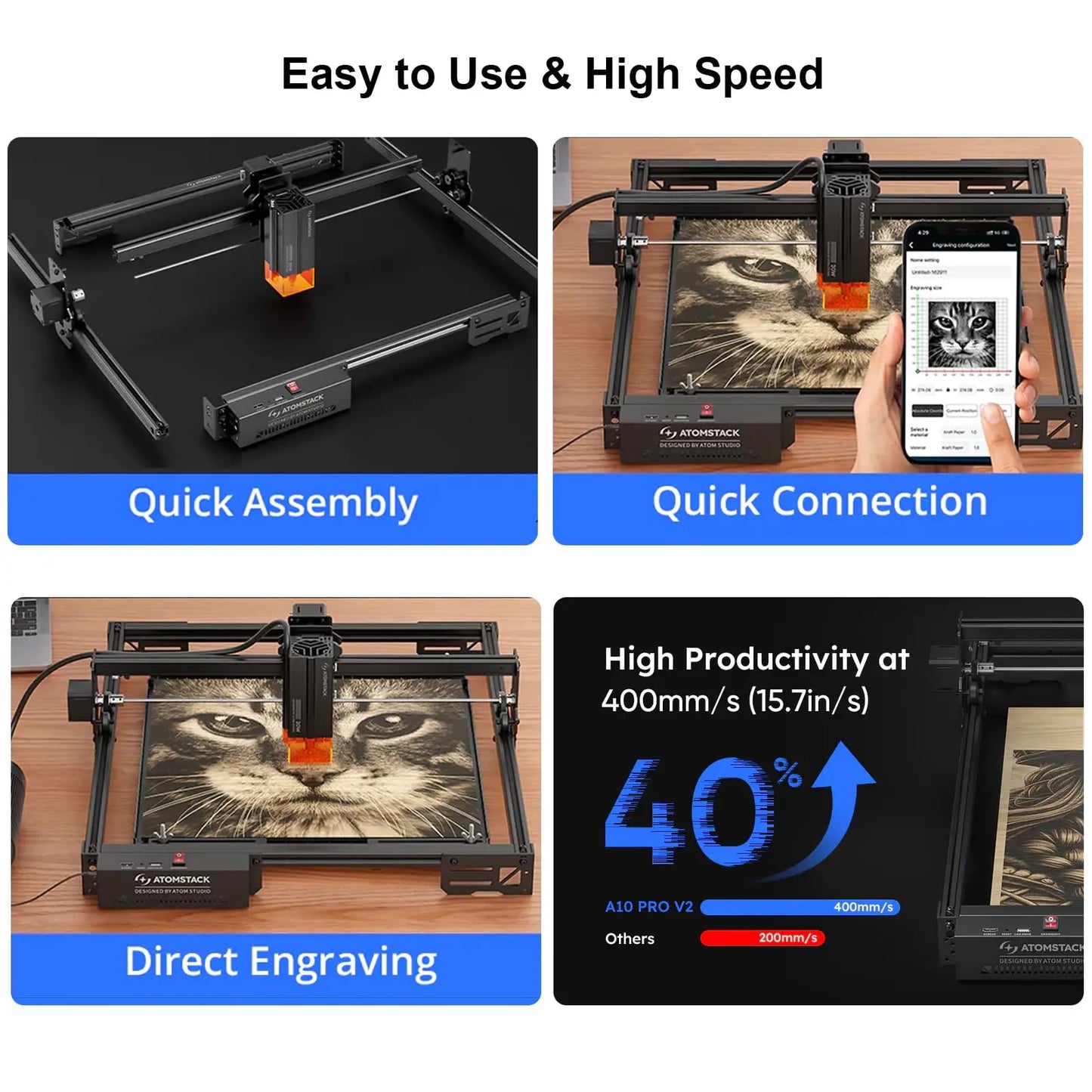 ATOMSTACK A10 PRO V2 Laser Engraver Cutter 10000mW Laser Class 4 400 x400mm 24000mm/min Fast Speed PC Phone App Control