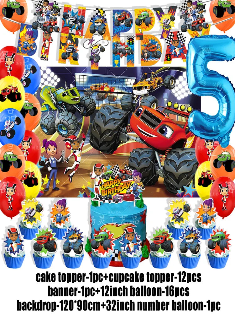 Blaze Monster Machines Theme Birthday Party Supplies Decor Cartoon Truck Balloon Banner Backdrops Cupcake Topper for Kids Gifts