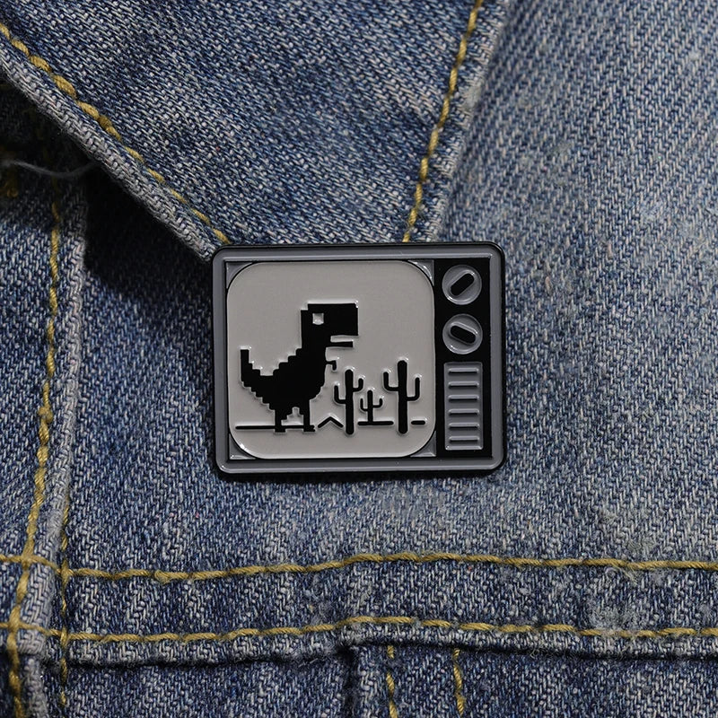 Dinosaur Pixel Games Mosaic Enamel Pins Custom 90's Retro TV Brooches Lapel Badges Cartoon Animal Jewelry Gift For Kids Friends
