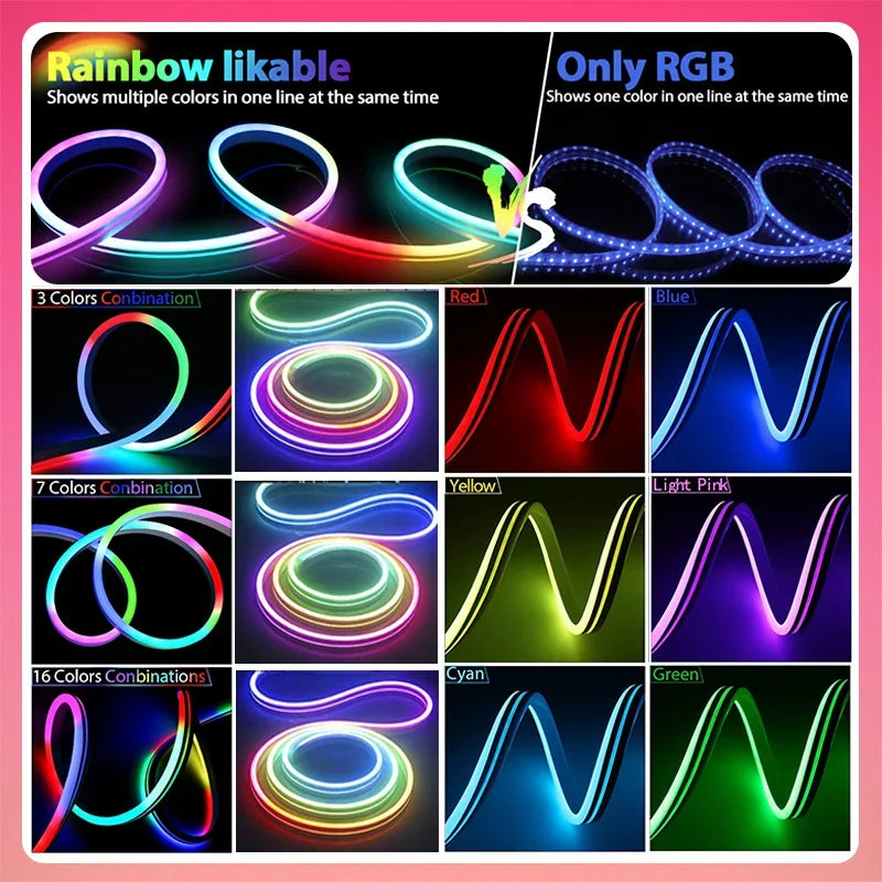 TUYA RGBIC Neon LED Strip 5m/16.4ft 5V Flexible LED Tape Strip Addressable Neon Rope Light USB Dreamcolor Neon Strip For Home