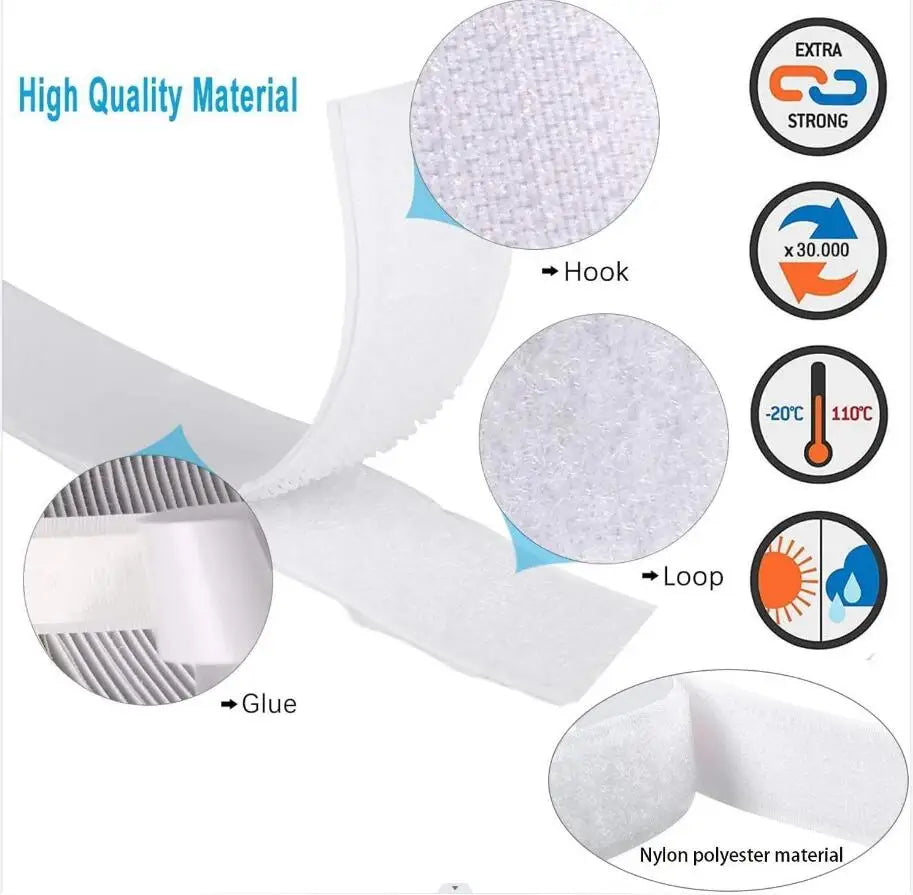1/2/5M Strong Self Adhesive Fastener Hook and Loop Strips with Glue Double-Side Mounting Tapes for DIY Craft 20-50mm White