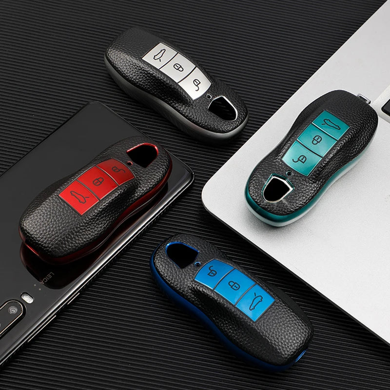 For Porsche Panamera Boxster 986 987 981 Cayenne 911 996 Macan Leather TPU Car Smart Key Case Cover Shell Keychain