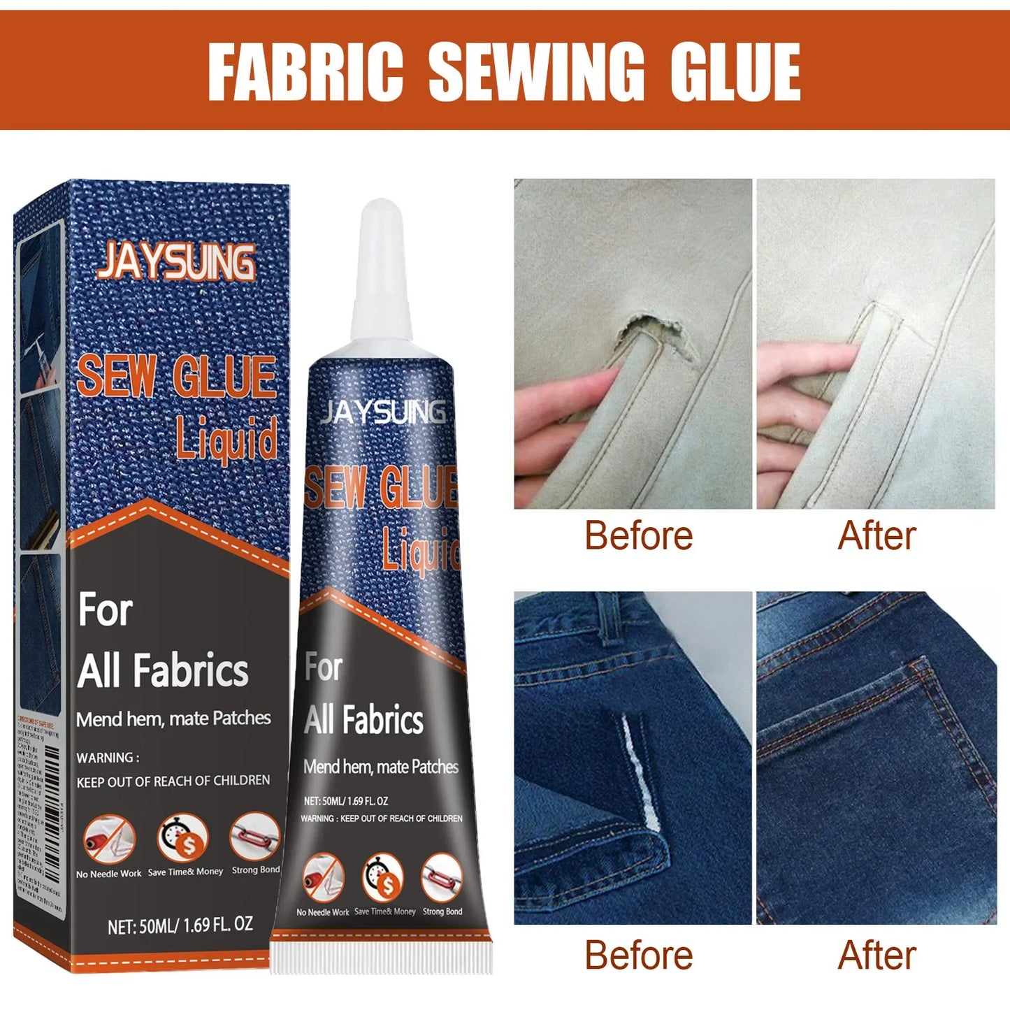 50ml/100ml Liquid Sew Glue Quick Dry Fabric Stitch Adhesive Versatile Fabric Patching Glue Waterproof for Clothing Textiles