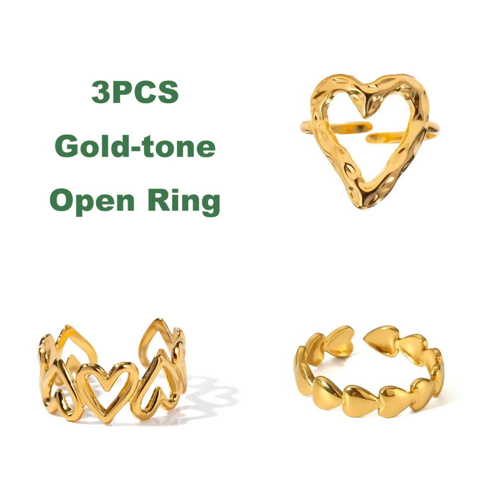 1/3PCS Adjustable Full Circle Hollow Heart-Shaped Open Cuff Ring Stainless Steel Jewelry Irregular Stackable Rings For Women