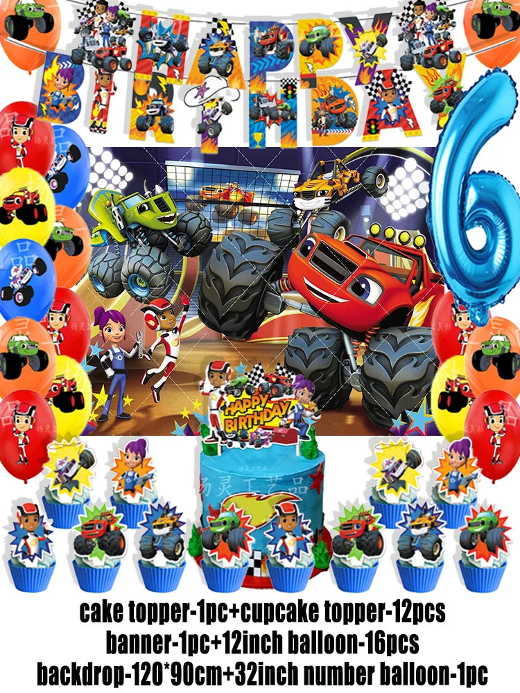 Blaze Monster Machines Theme Birthday Party Supplies Decor Cartoon Truck Balloon Banner Backdrops Cupcake Topper for Kids Gifts