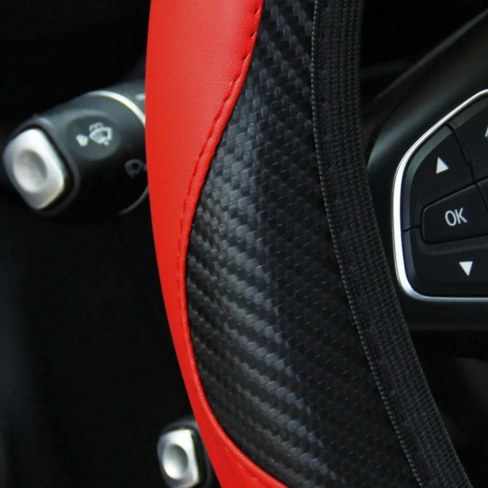 PU Carbon Fiber Leather Car Steering Wheel Cover Without Inner Ring Universal Suitable for 14.5-15 Inches of Automotive Supplies