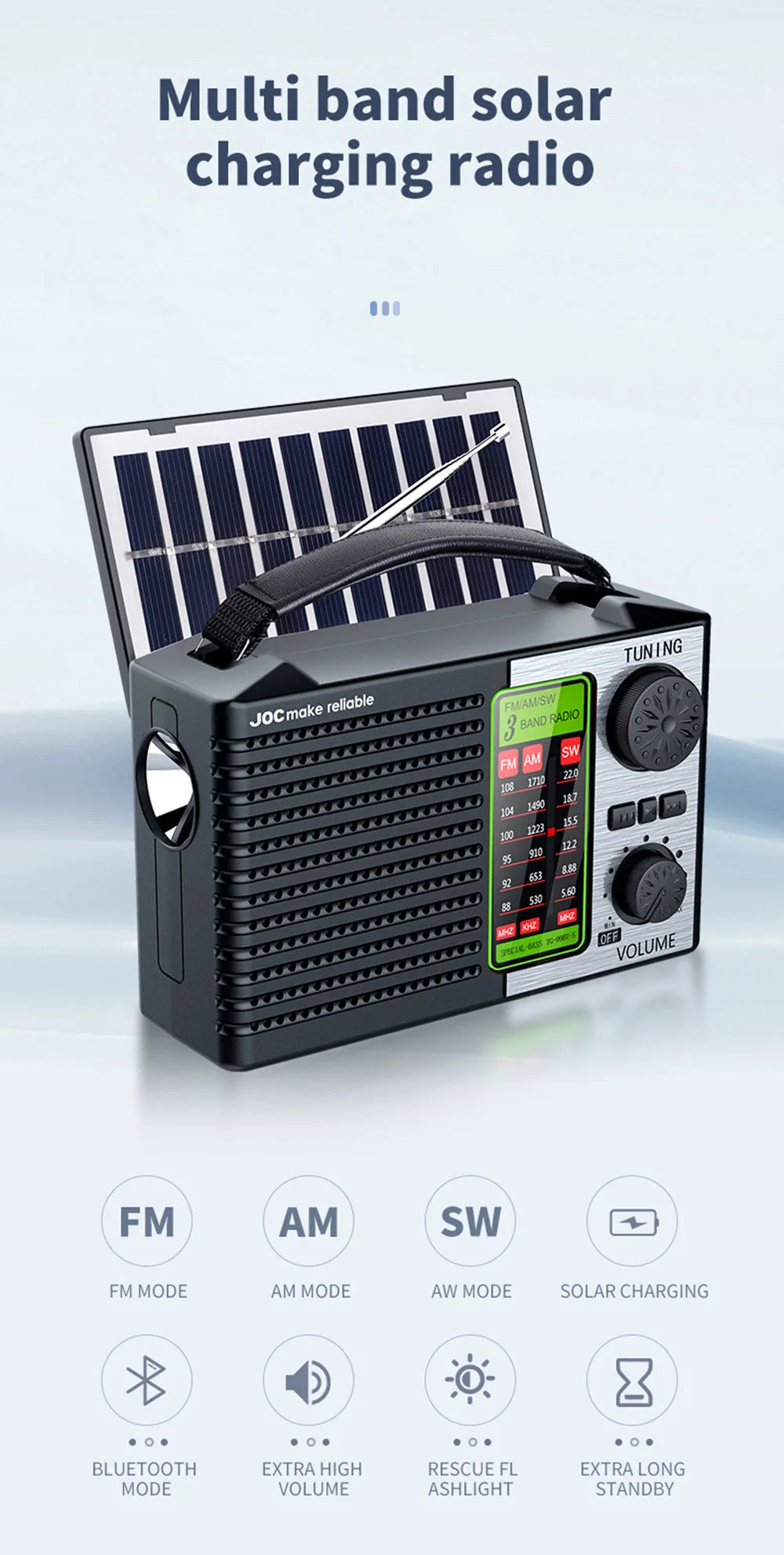 Portable FM AM SW Radio Rechargeable Outdoor Solar Full Band High Sensitivity Radio Receiver with LED Lighting Bluetooth Speaker