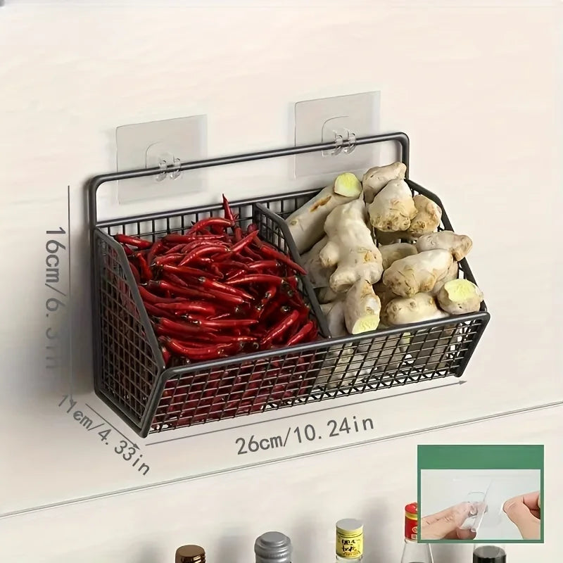 Wall Mounted Kitchen Storage Basket Suitable for Durable Metal Wire Storage of Spices, Garlic, Onions, and Vegetables