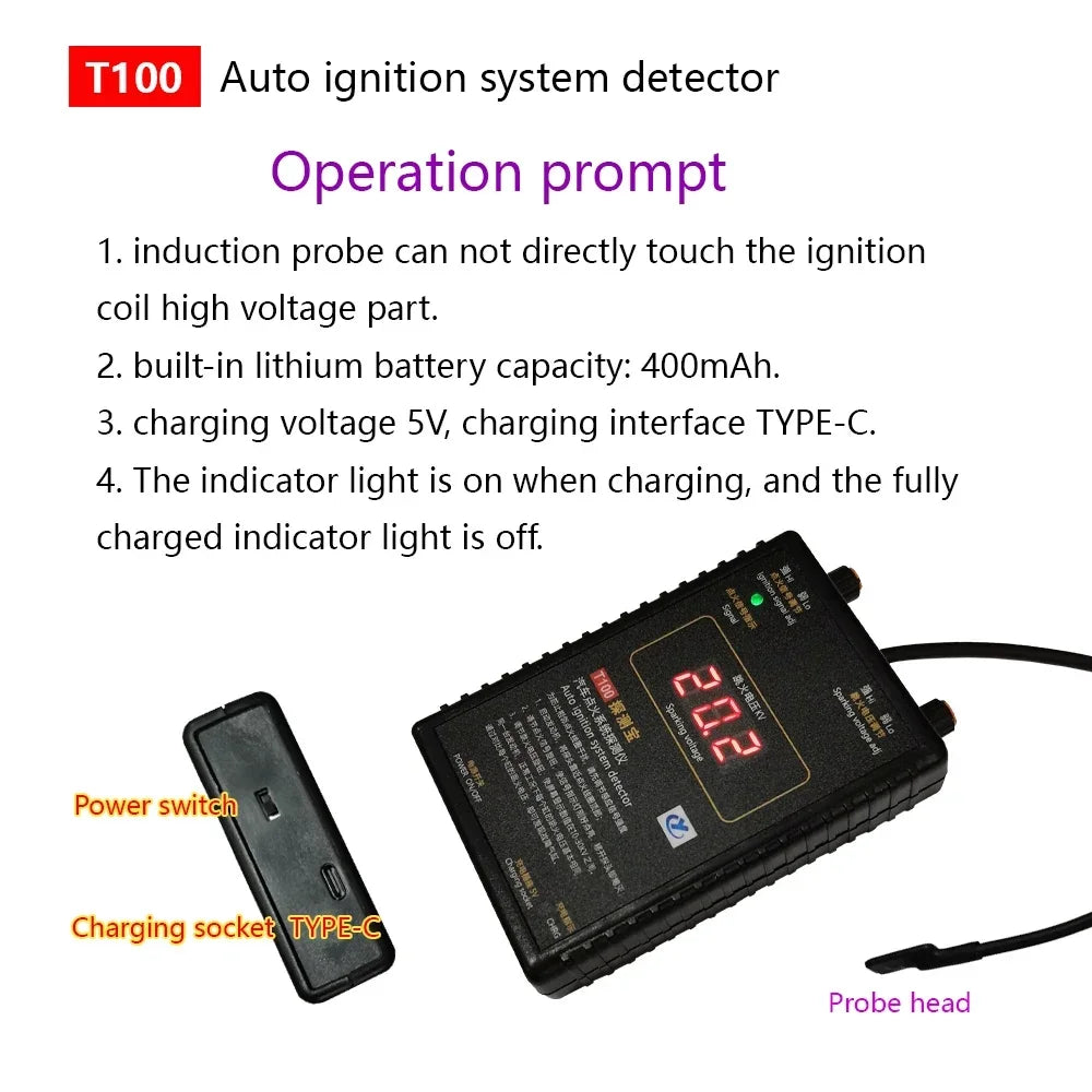 AM-T100 12V 24V Auto Ignition System Detector Ignition Signal and Spark Voltage Tester