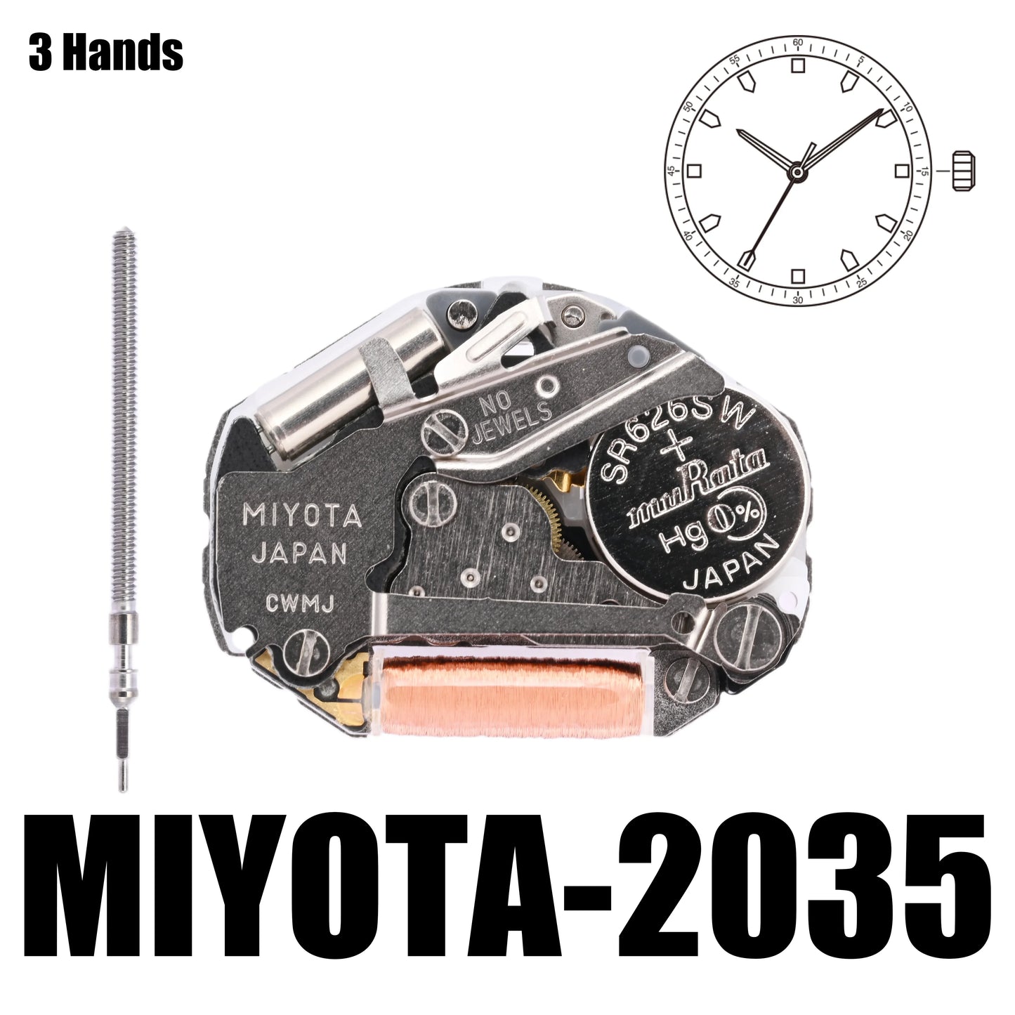 Miyota 2035 Standard|Quartz Movements White 3 Hands Size:6 3/4×8''' Heigh:3.15mm -YOUR ENGINE- Metal movement made in Japan.