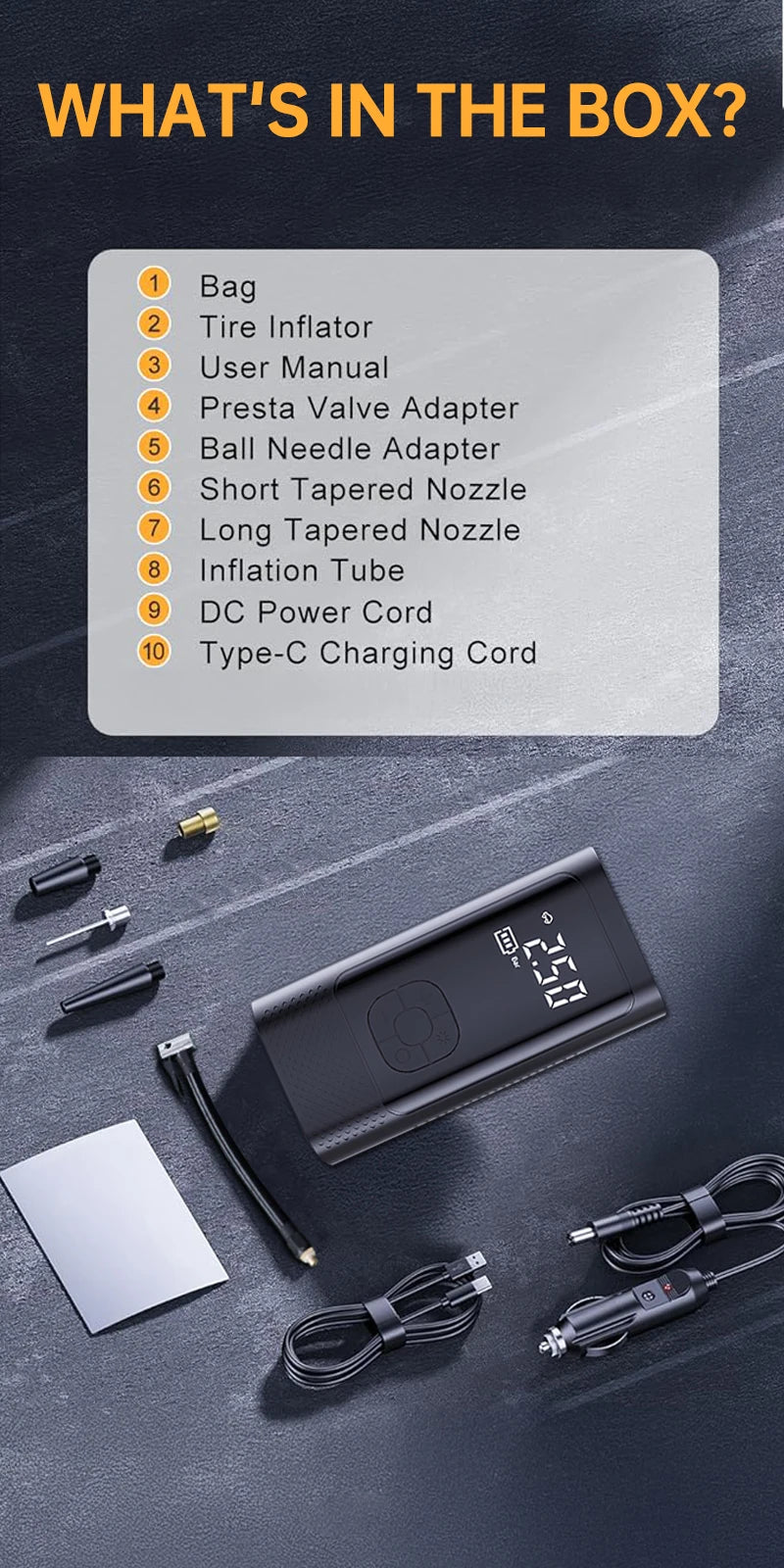 Inflatable Pump Portable Handheld 2 power supply modes and 4 preset air pressures Digital Display Car Motorcycle Tire