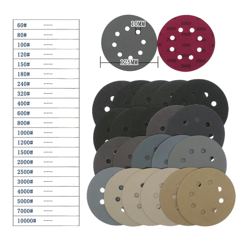 60-10000 grit Round Shape Sanding Discs Hook Loop Sanding Paper Buffing Sheet Sandpaper 5inch Sandpaper 125mm 8 Hole Sander Pad