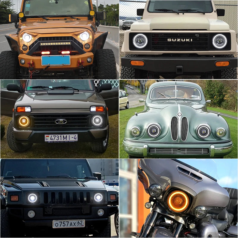 7" Car Led Headlight For Lada Niva 4x4 7inch H4 Led Headlights Angel Eyes For Jeep Wrangler OffRoad 4x4 Suzuki Samurai Toyota