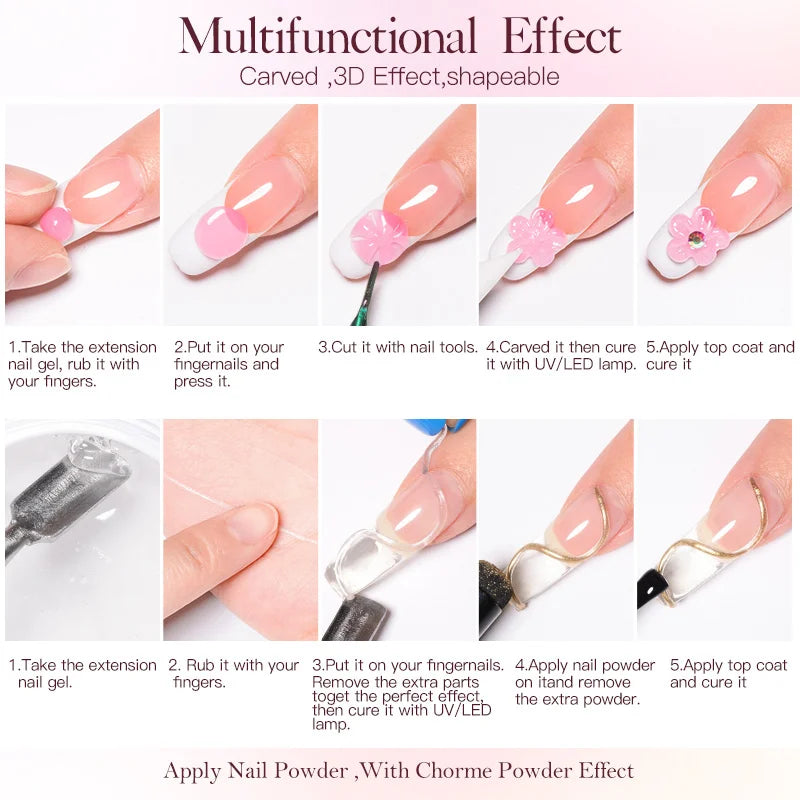 MEET ACROSS 6pcs Non Stick Hand Solid Extension Nial Gel Polish Clear Nude Pink Glitter Carving Flower Building UV Gel Nail Art