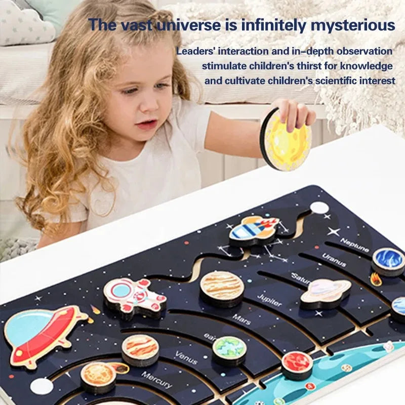 Wooden Solar System Puzzle Cognitive Game Colorful Sun Earth Space