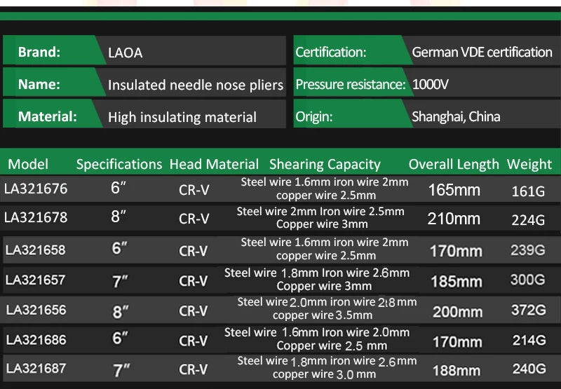 LAOA VDE Wire Cutters 6'' 7'' 8'' Insulated Combination Diagonal Needle Nose Pliers Electrician Tool High Voltage Resistance
