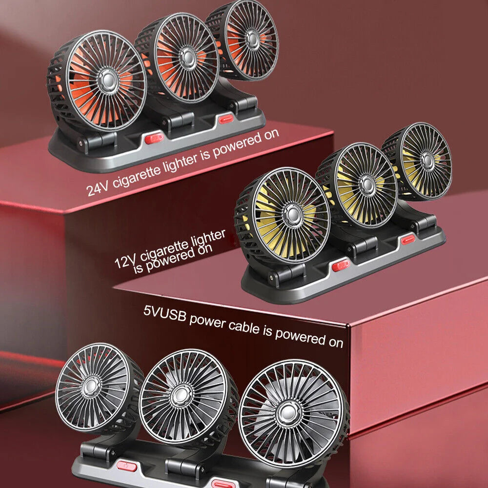 Car Fan 360° Adjustable 3 Head Air Fan Automotive Electric Fan USB/12V/24V Fan 2 Speeds Car Silent Fan For Home Desk Office&Car