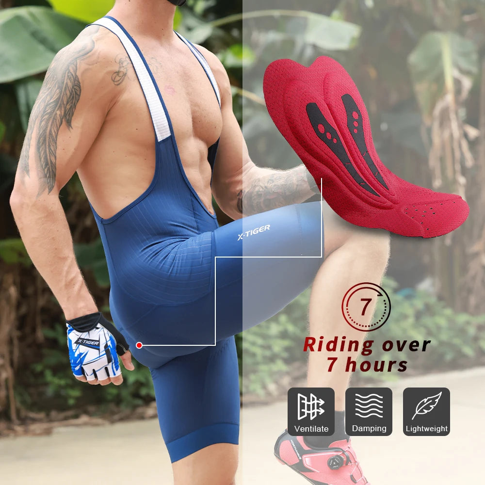 X-TIGER Blue Pro Men's Cycling Bib Shorts Bretelle Cyclist MTB Road Tights Bicycle Clothing ST-MULTI Cushion For 7 Hours Riding