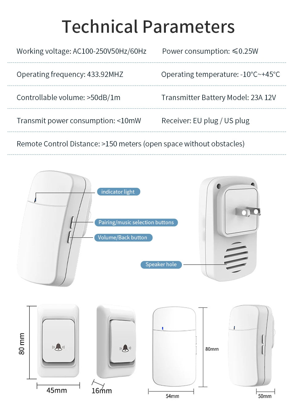 Outdoor Wireless Doorbell US/EU Plug 38 Ringtones Melodies Waterproof 150m Range House Chime Kit Welcome Chime Home Door Bell