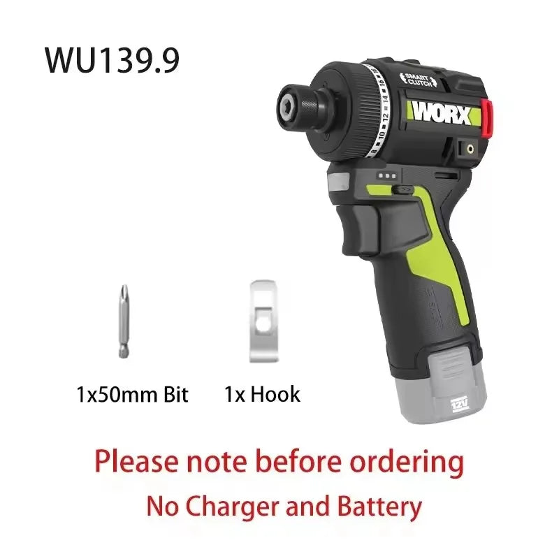 Worx WU139 Cordless Screwdriver Dual Speed 50Nm 12v 1800rpm 18+1 Brushless Motor Adjust Torque Univeral Green 12V Battery Pack