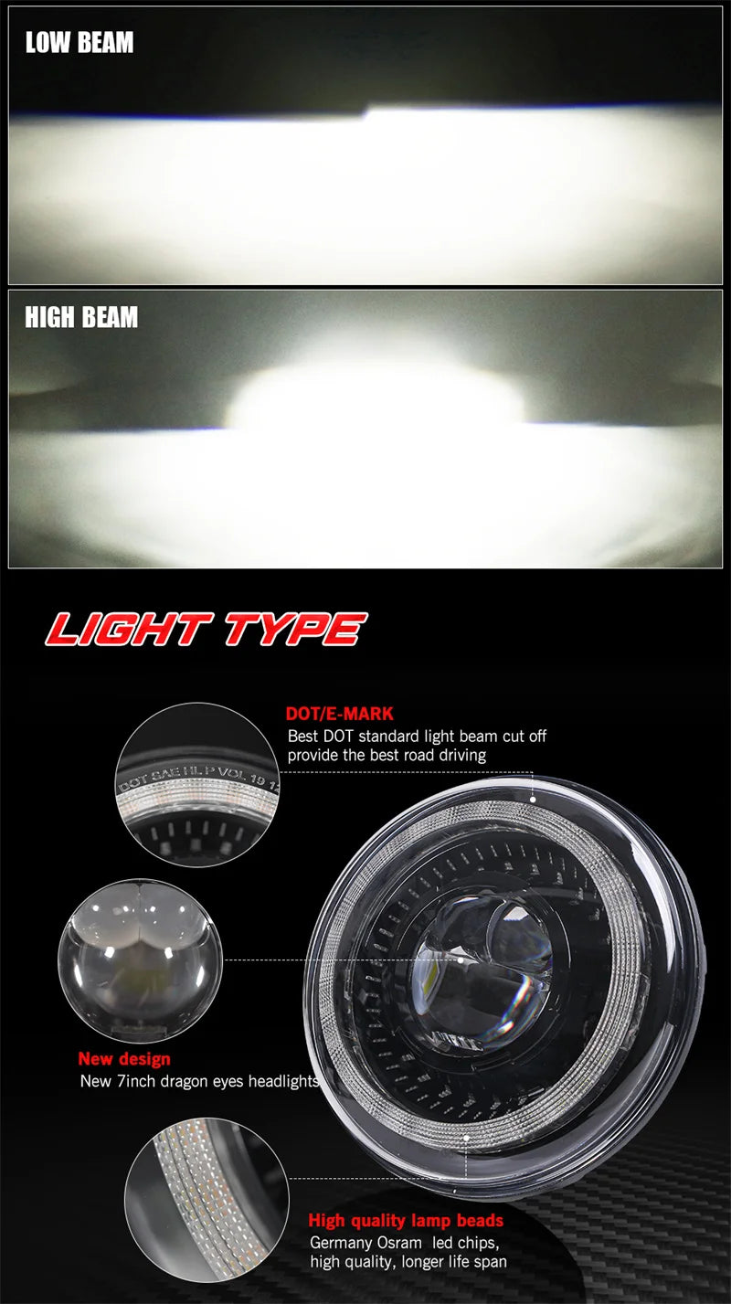 7" Car Led Headlight For Lada Niva 4x4 7inch H4 Led Headlights Angel Eyes For Jeep Wrangler OffRoad 4x4 Suzuki Samurai Toyota