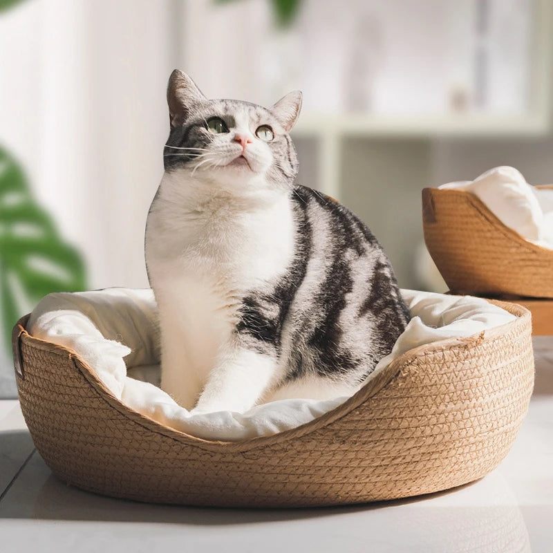 Woven Rattan Cat Basket Nesting Bed All-Season Cozy Kitten Lounger Cushion Scratching Board Detachable 2 in1 Cats Beds House