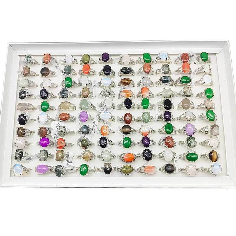 20/50pcs/Lot Wholesale Bohemia Mix Style Natural Stone Finger Rings for Women men Silver Color Party Jewelry Oval Agate Wedding