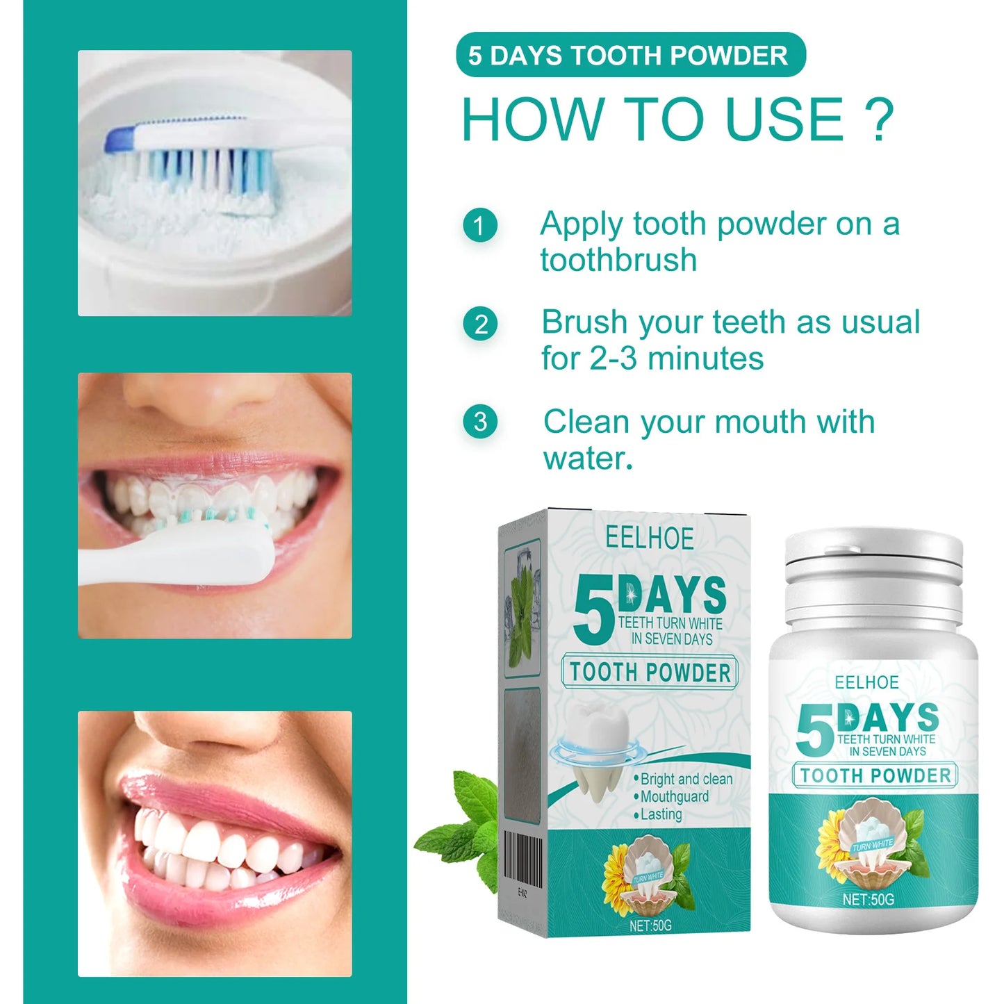 EELHOE Teeth Whitening Powder 5 Days Tooth Cleaning Oral Hygiene Care Plaque Stains Tartar Removal Stains Natural Cleaning Tool